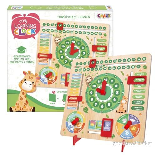 CRAZE My Learning Clock Djur inlärningsklocka för barn av trä, kalenderklocka lärande barn, inlärningstavla klocka årstider, väggklocka 4059779054246