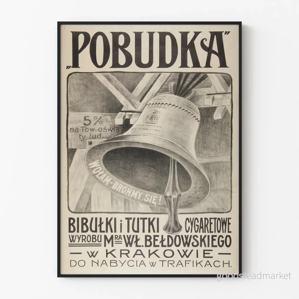 Vintageaffisch Pobudka med klocka och polsk typografi för väggdekoration