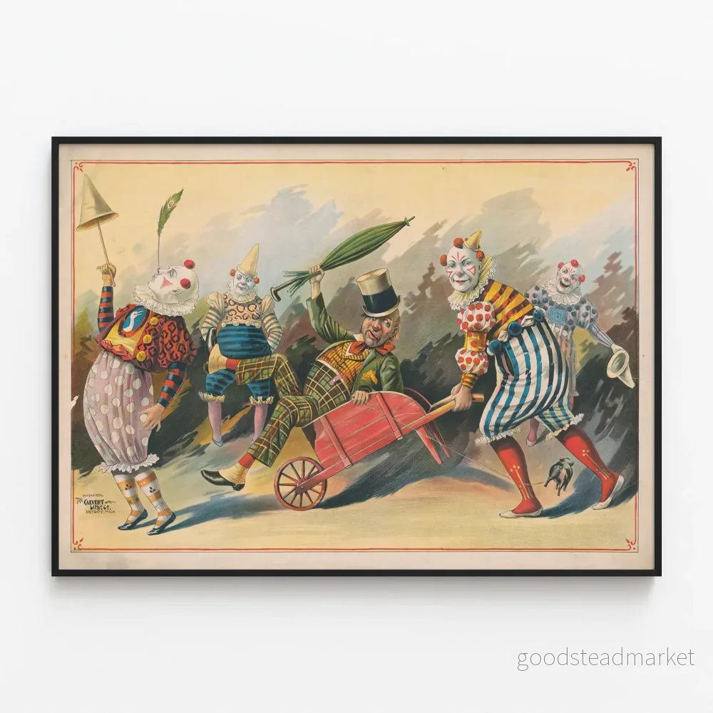 Vintageposter med fem clowner i en komisk scen med skottkärra
