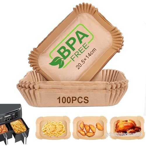 AiQInu bakplåtspapper för varmluftsfritös med dubbelkammare, 100 stycken 20,5 x 14 cm BPA fritt rektangulärt airfryer bakpapper non stick engångs vattentät oljebeständigt liner 6975966334398
