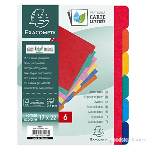 Exacompta Ref 406E Avdelare i äkta 225g/m2 FSC® mjuk glansig kartong med 6 neutralt färgade flikar Skolmappsformat 220 x 170 mm assorterade färger 3130630004066