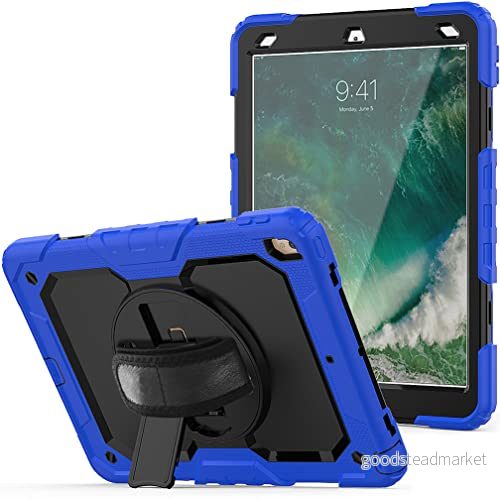 fodral för iPad pro 10.5 2017/iPad air 3 2019 med 360 graders roterbart vikbart stativ, trendigt stötsäkert handledsrem och axelrem, blå 7657136165887