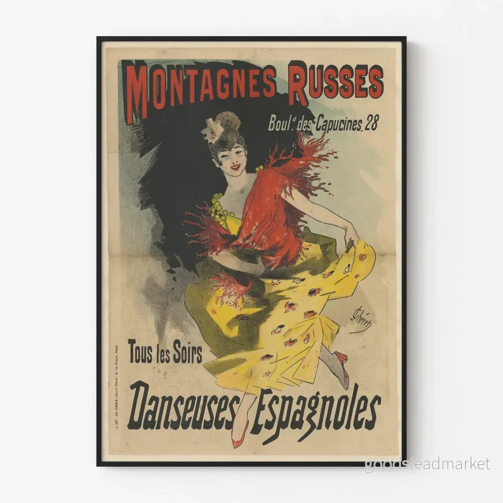Vintageposter med berg- och dalbanor och spanska dansare