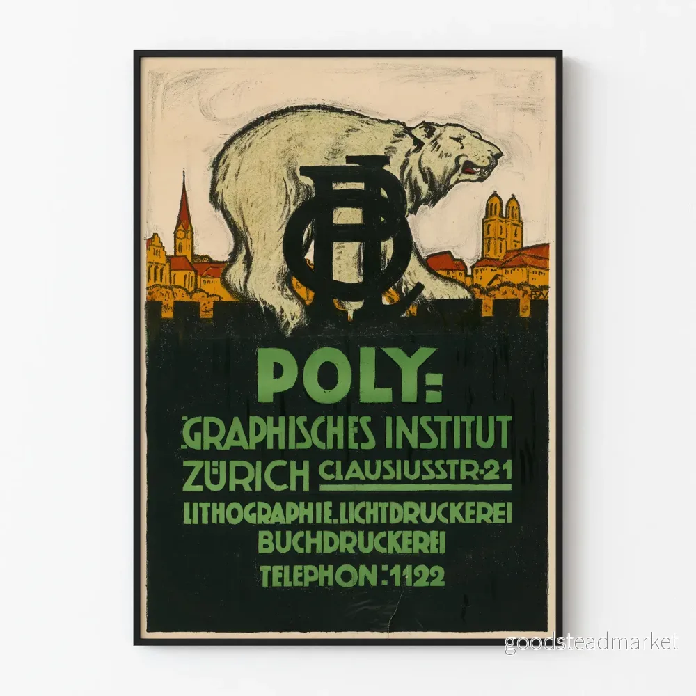 Vintageposter från Polygraphiska institutet i Zürich med björn och stadssilhuett