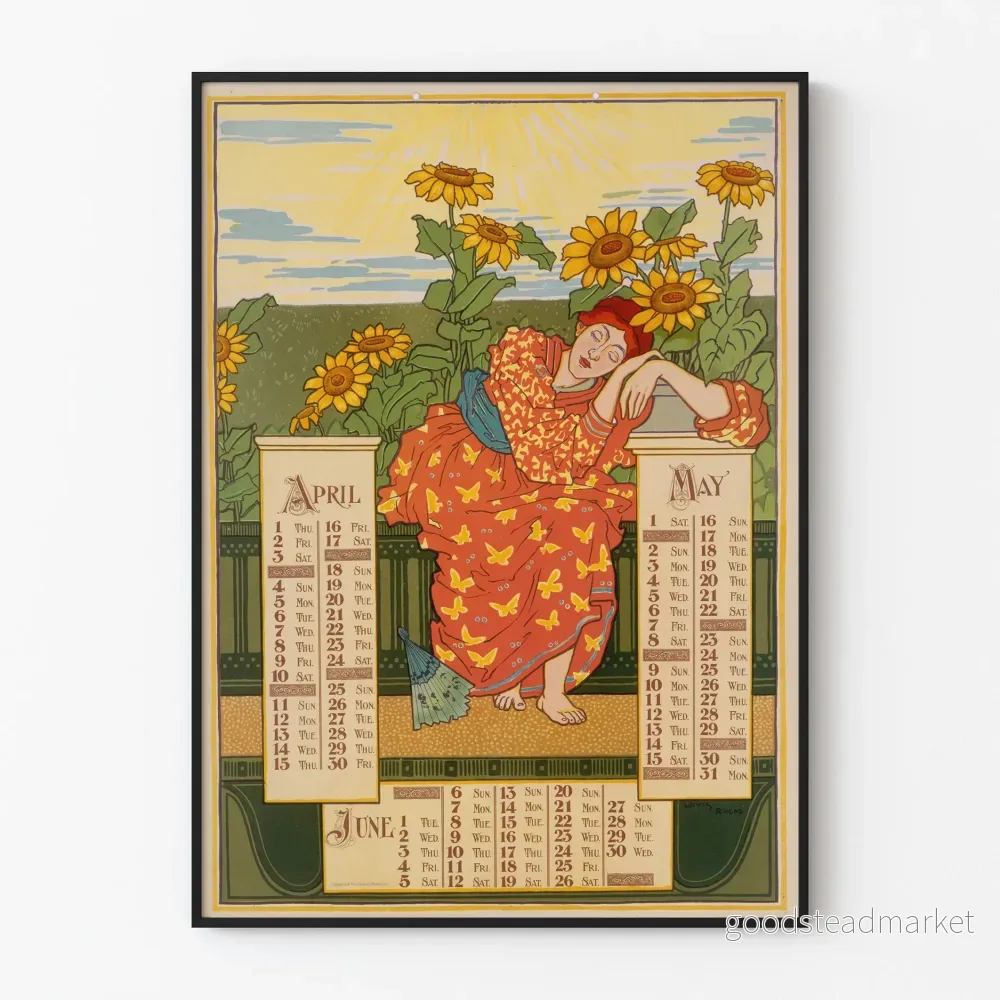 Affisch Kalender April Maj Juni med Vintage Blomsterillustration Affisch Kalender April Maj Juni med Vintage Blomsterillustration