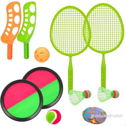 CB Toys 49543 Strand Leksaker Set Multispel Barn Inkluderar 2 badmintonracketar, flygblad, kannor, bollar, 1 mjuk rugbyboll, pickup skivor Från 3 år 8412842495432