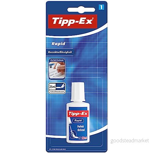 Tipp Ex Rapid, korrigeringsvätska med ordersvampar, snabbtorkande, 1 x 25 ml, perfekt för kontoret, hemmakontoret eller skolan 3086126100272