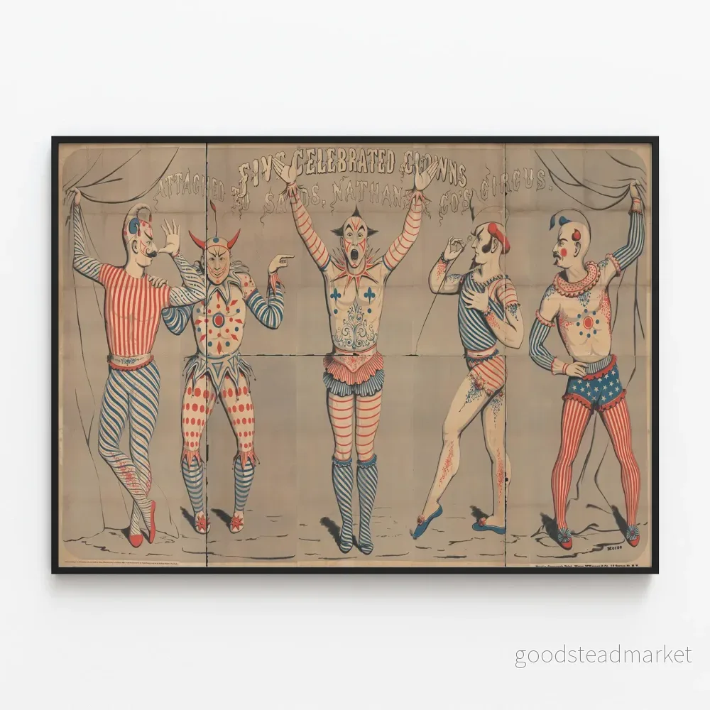 Vintageposter med fem berömda cirkusclowner Sands Nathan