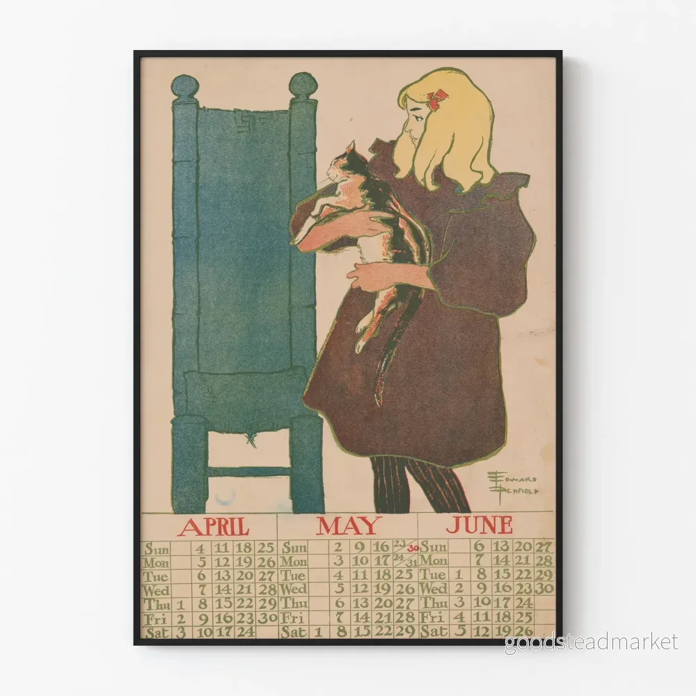 Vintage kalenderposter april till juni 1897 med illustration av flicka och katt