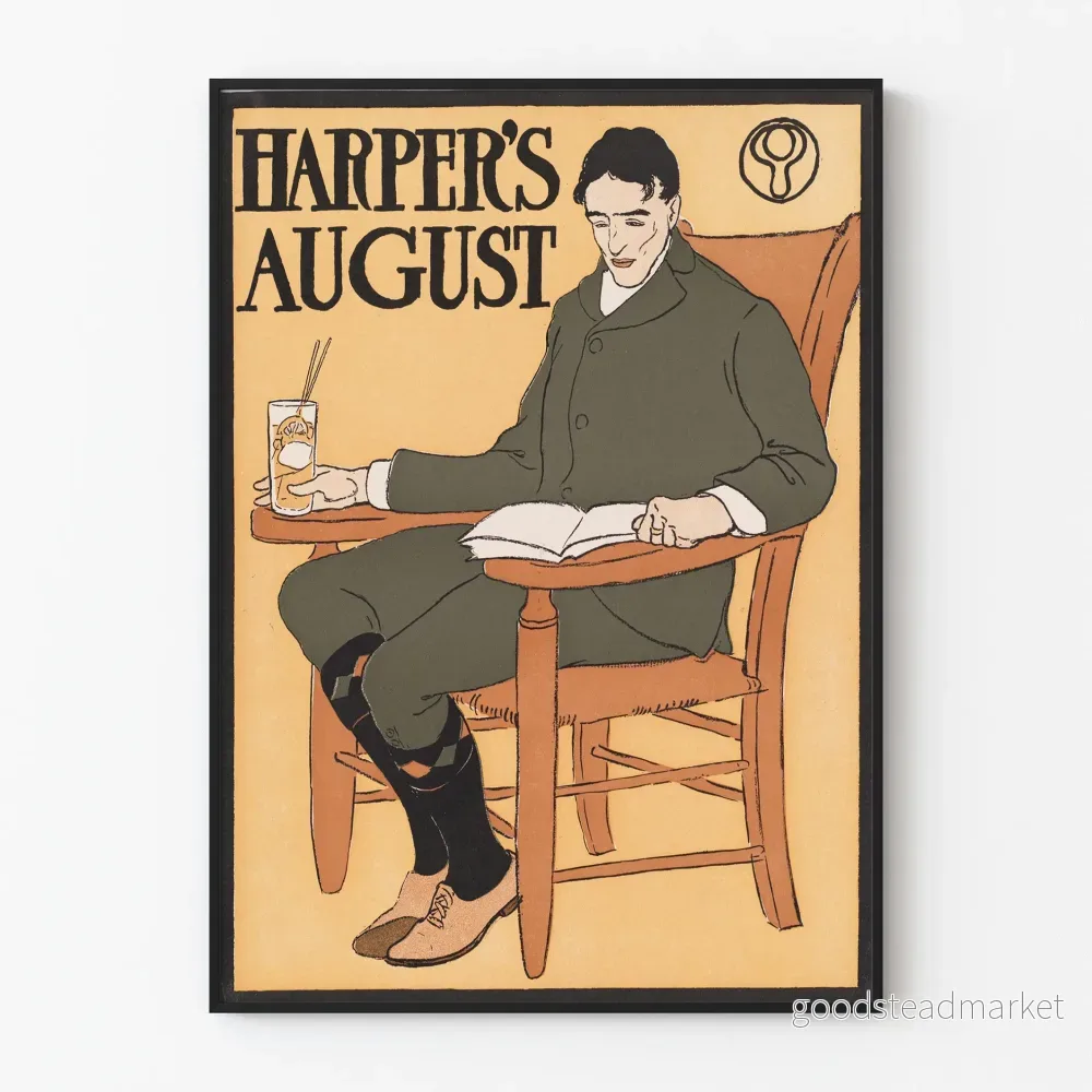 Vintageaffisch Harper's August Illustration Man Läser