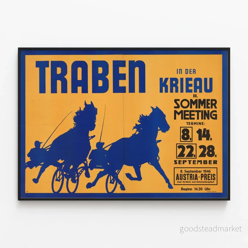 Vintageaffisch för travlopp på Krieau 1946