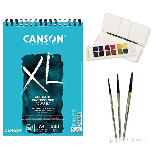 Canson XL Aquarelle A4 Block Pack med 30 ark, Aquafine Travel Set Daler Rowney och 3 runda borstar. Full uppsättning professionell akvarell för alla åldrar ofyturia 8435677612430