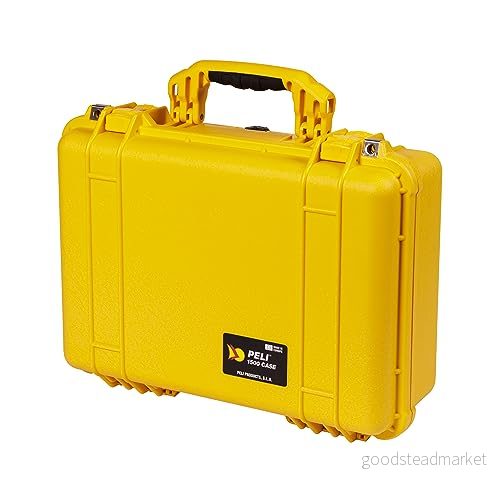 PELI 1500 stötsäker väska för kameror, drönare och elektronisk utrustning, IP67 vattentät, 19 liters kapacitet, tillverkad i Tyskland, med anpassningsbar skuminredning, gul 19428010072