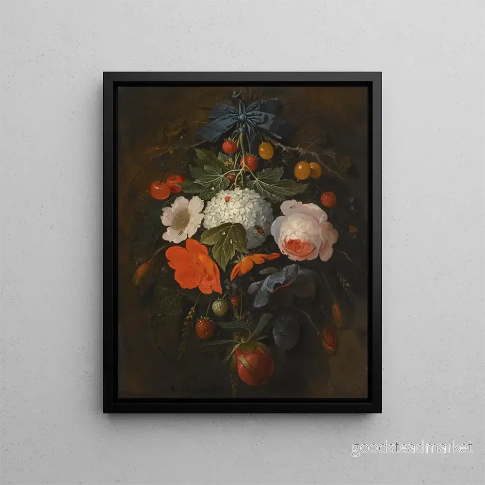 Målning En blomster- och fruktgirlang som inkluderar en ros, en vallmo, en snöboll, vinbär och vildjordgubbar, tillsammans med en mängd insekter - Abraham Mignon | Konsttryck