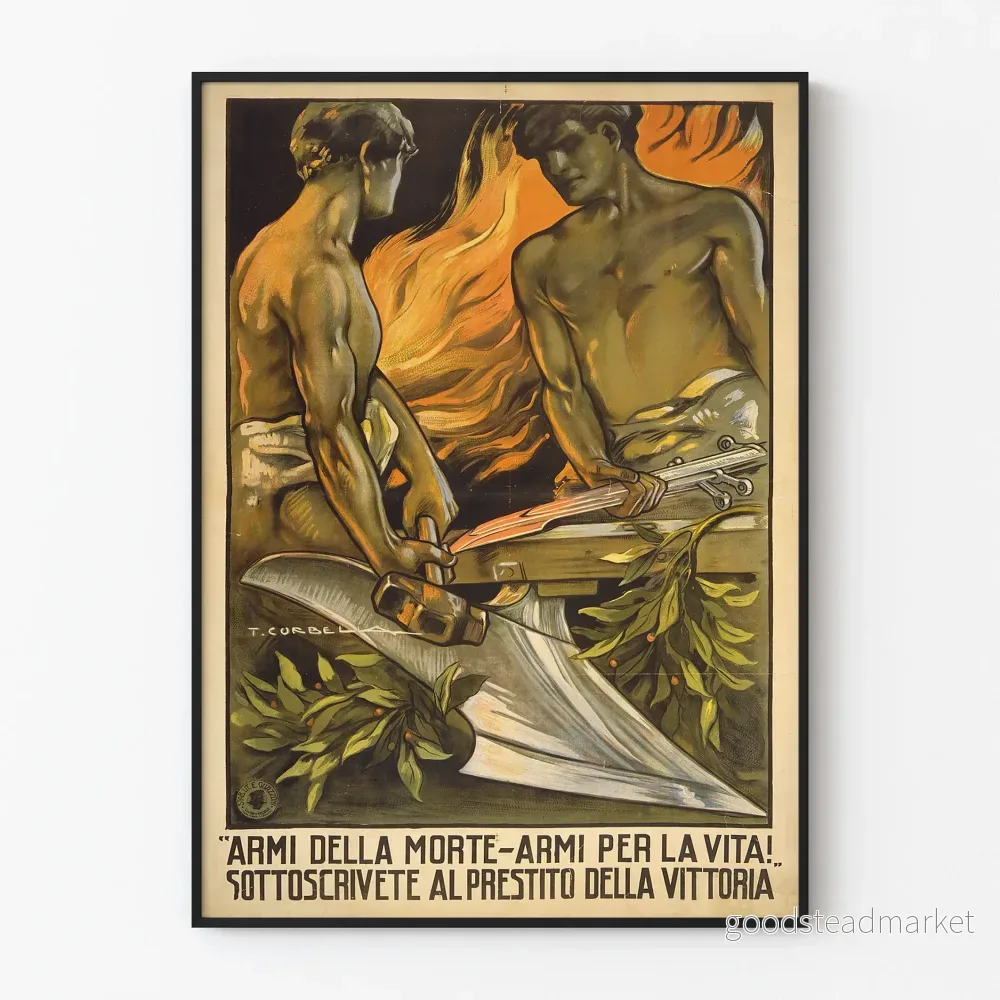 Italiensk vintage propagandaposter med två smeder och flammor