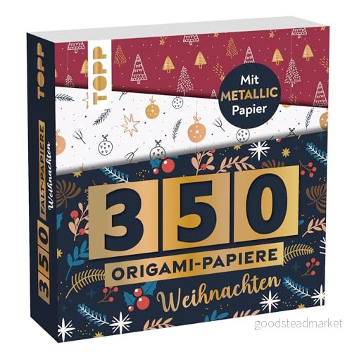 350 origamipapper jul: vikta papper (14 x 14 cm, 80 g/m²), i 25 mönster, varav 50 med metallisk folie, 20 sidor origami grundkurs, mjukt omslag 4007742185695 350 origamipapper jul: vikta papper (14 x 14 cm, 80 g/m²), i 25 mönster, varav 50 med metallisk folie, 20 sidor origami grundkurs, mjukt omslag 4007742185695