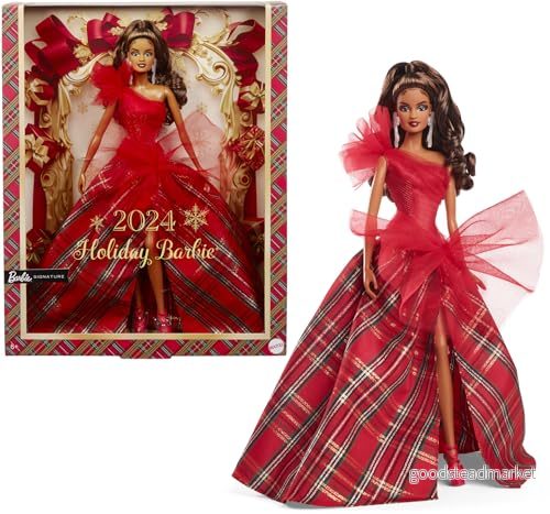 Barbie Signature 2024 Holiday Dolls, säsongsbetonad samlargåva, Signature, rutig klänning med röd rosett, visningsbar förpackning, ljusbrunt hår, HRM67 194735181216