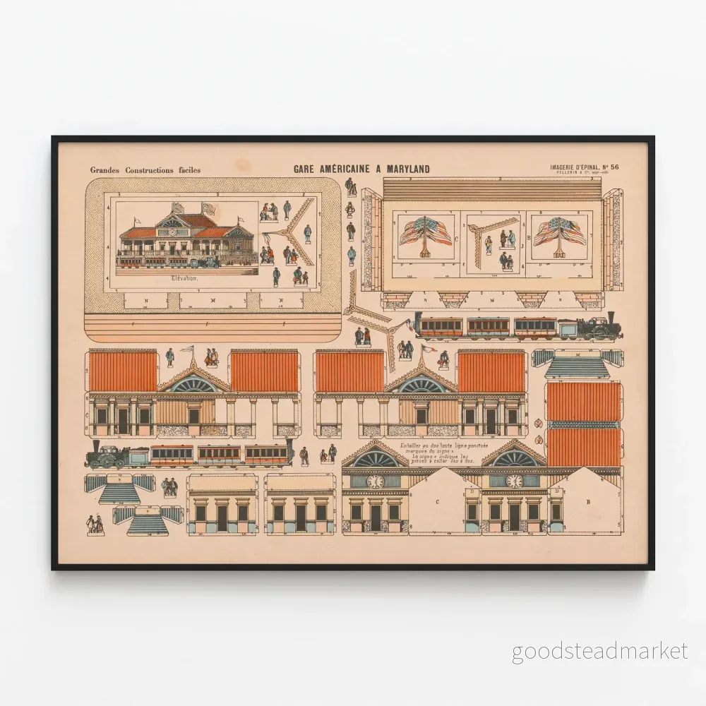 Vintageaffisch för byggnad Gare Américaine Maryland