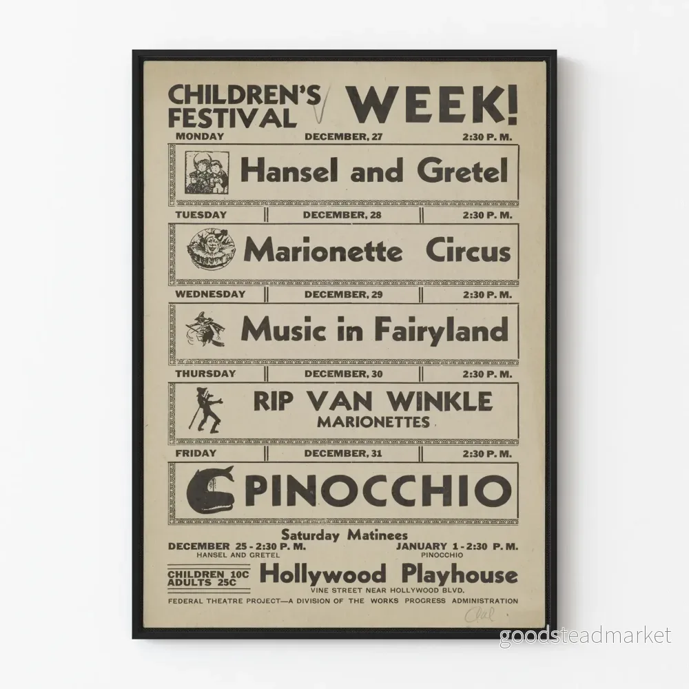 Vintagefestivalaffisch för barn med program för marionettföreställningar