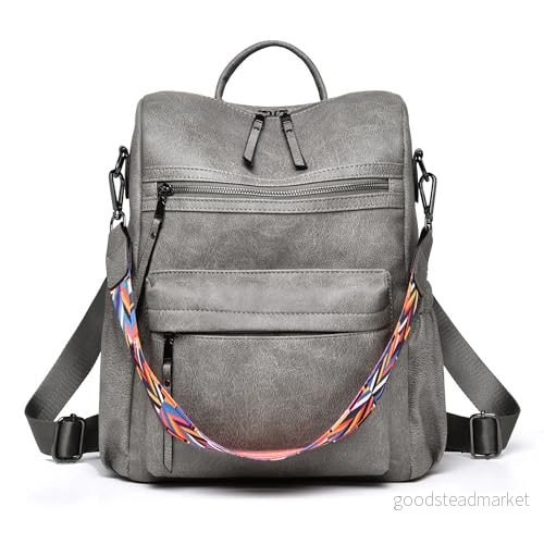 Damryggsäck handväska, mode läder designer kvinnor ryggsäck, konvertibel resa axelväska med färgglad rem (PU Grey) 194852270756