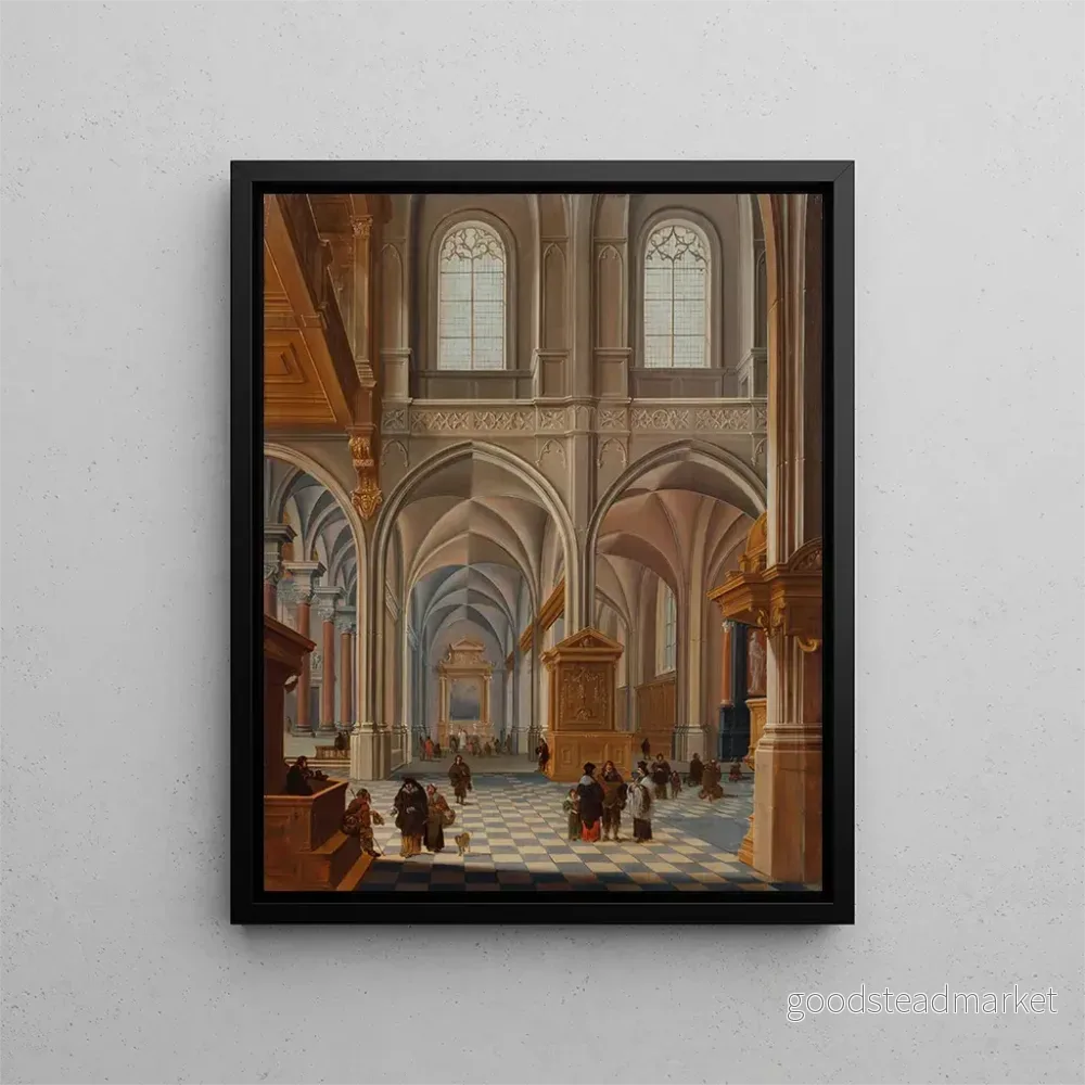 Inomhusmålning av en kyrka med elegant klädda personer, bröder och en kyrklig - Bartholomeus van Bassen | Konsttryck