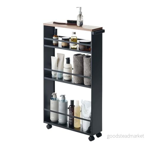 Yamazaki 3628 TOWER smal vagn med handtag, svart, stål/trä, minimalistisk, 13 x 47,5 80,5 cm 4903208036283 Yamazaki 3628 TOWER smal vagn med handtag, svart, stål/trä, minimalistisk, 13 x 47,5 80,5 cm 4903208036283