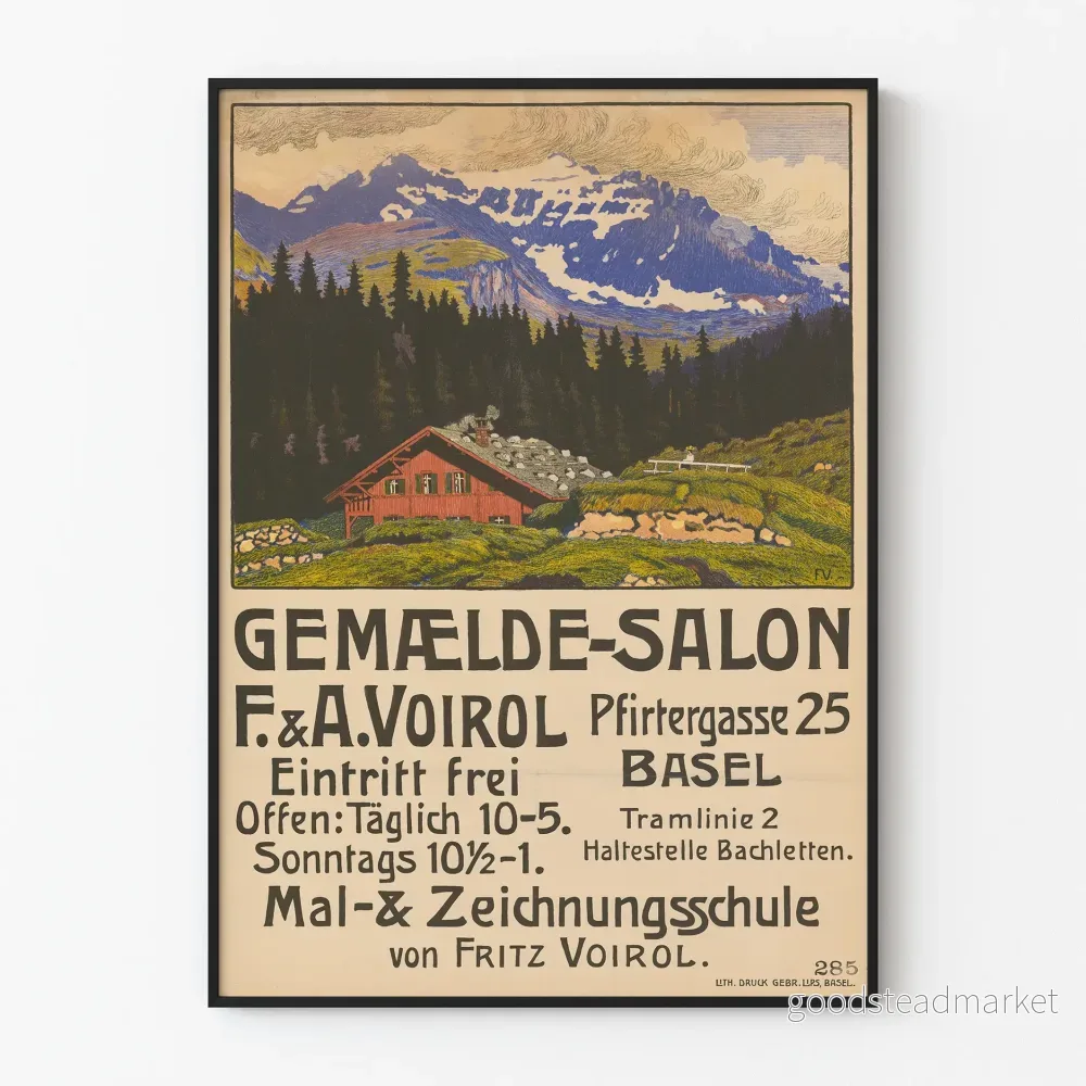 Vintageposter för väggdekoration av alpstuga och skogar i Basel