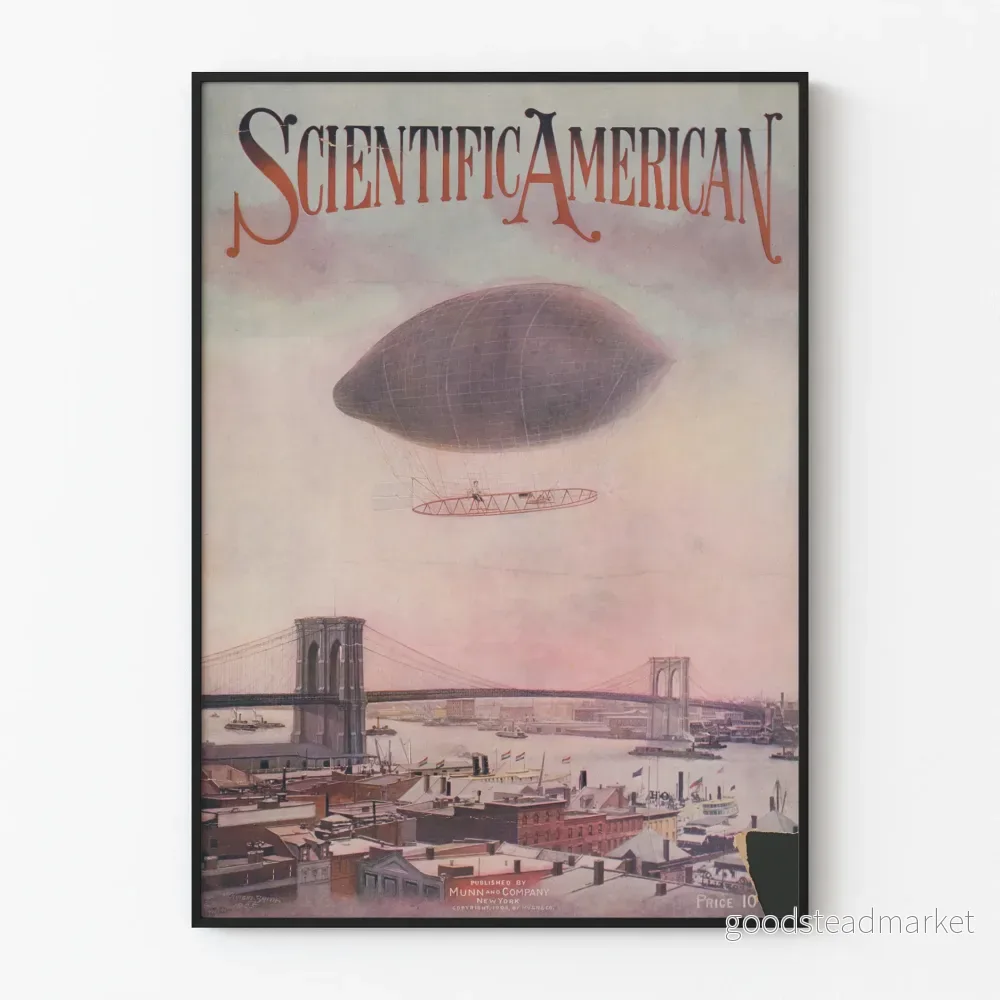 Vintageposter från Scientific American med luftballong som flyger över Brooklyn Bridge