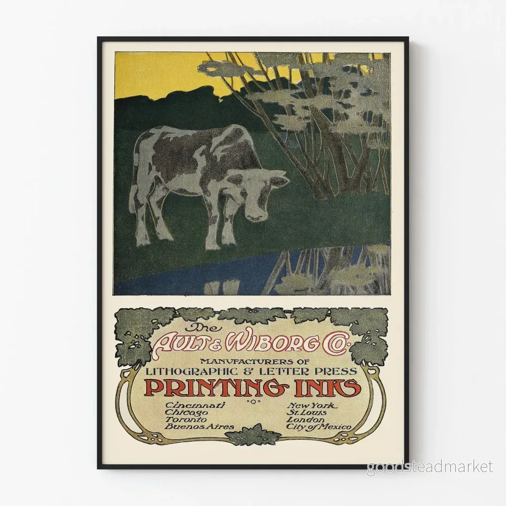 Vintageposter Ault & Wiborg: Illustration av ko och typografisk dekoration