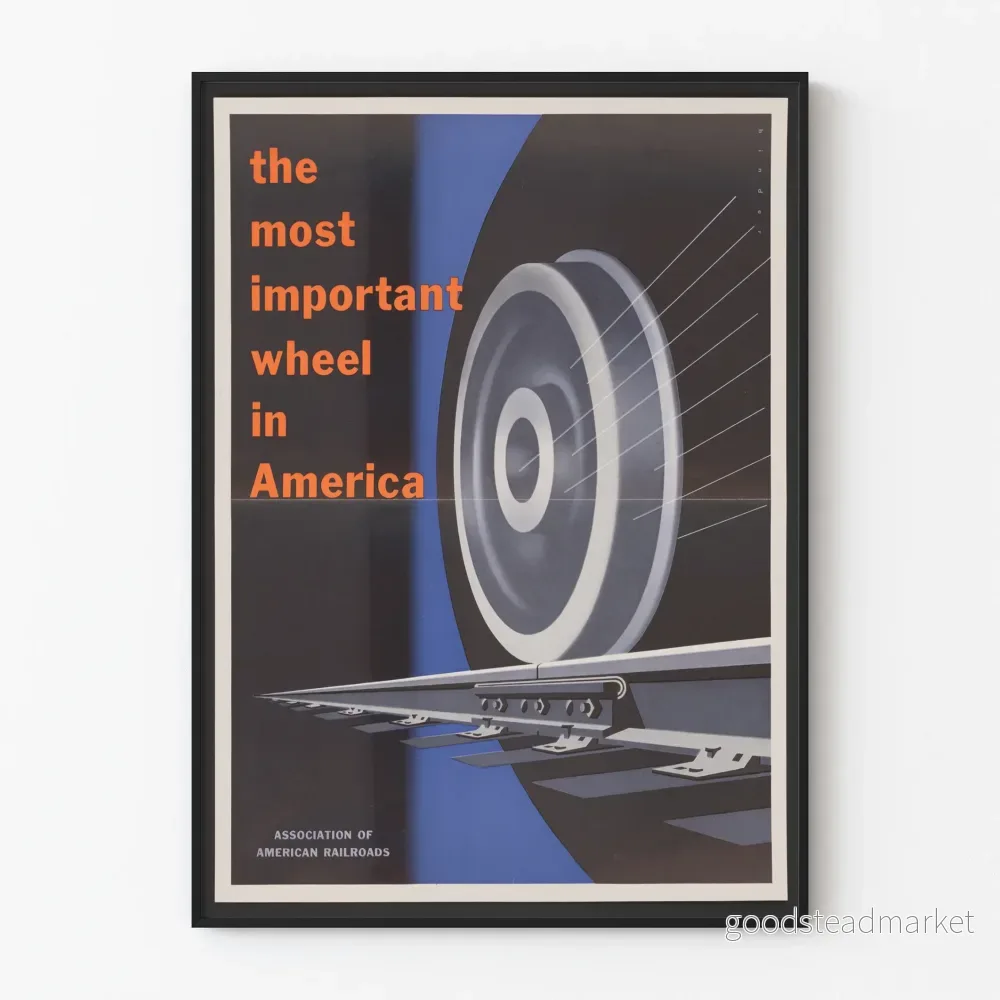 Vintageaffisch med amerikansk tågvagns hjul