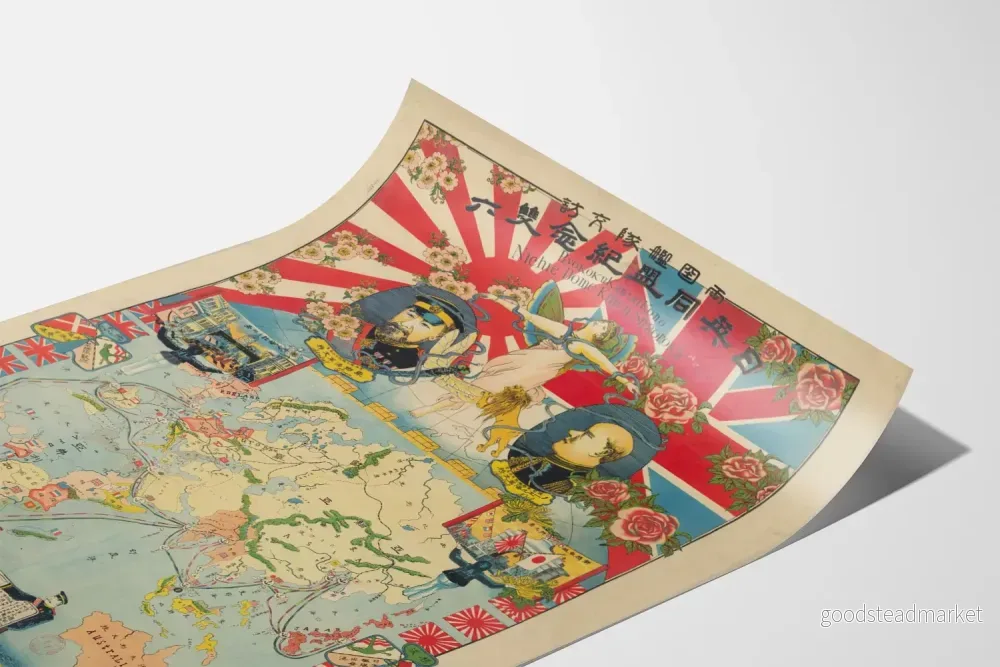 Antik allegorisk världskarta poster Japan-UK allians till sjöss - Bild 3