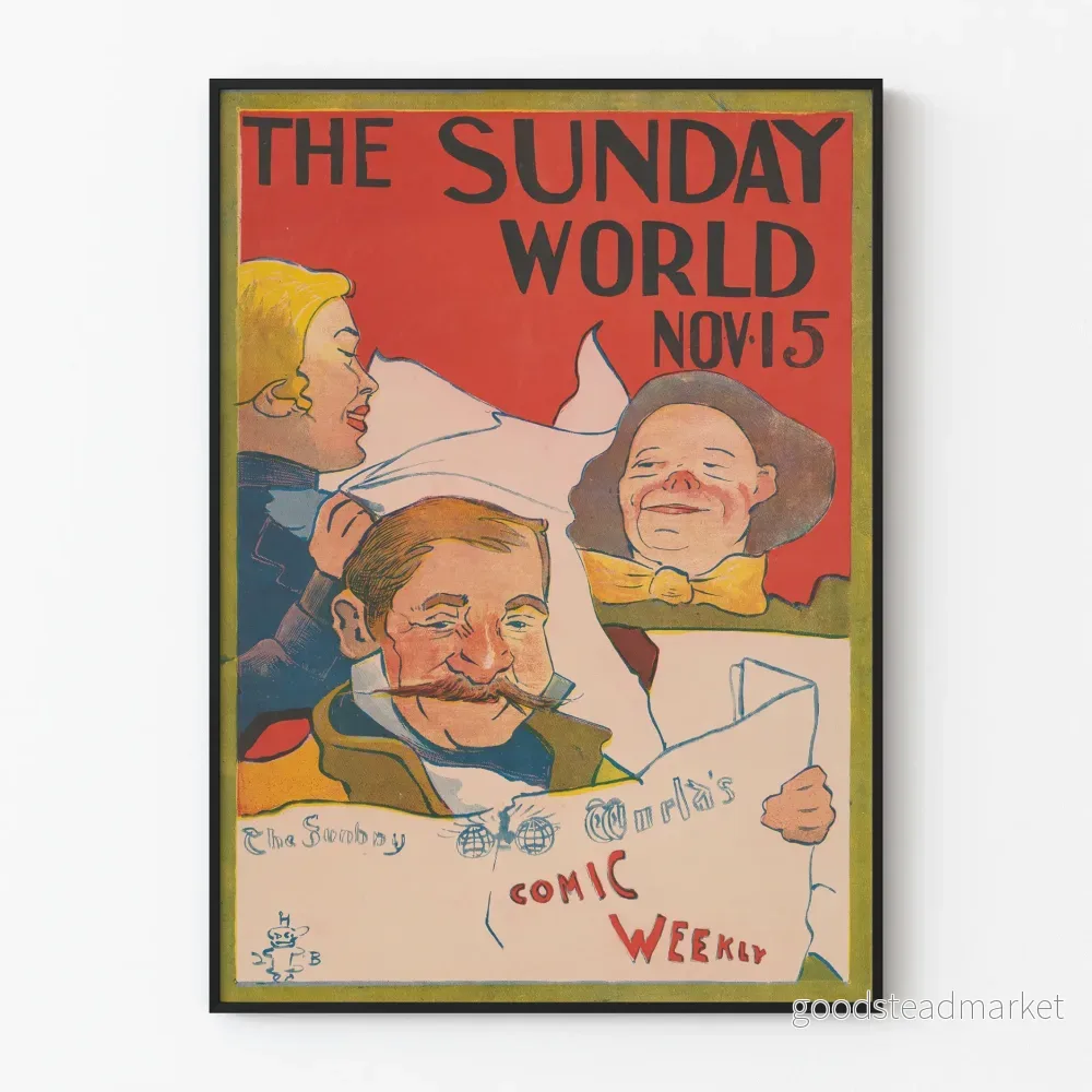 Vintageposter The Sunday World, tidningsläsningsillustration