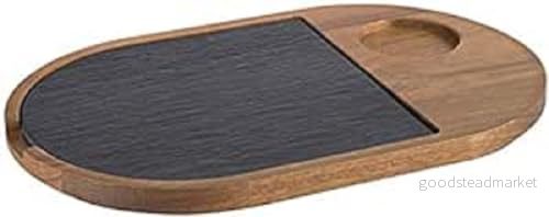 APS serveringsbräda, 2 delad, 28 x 17,5 cm, klack Ø 5 rustik träbräda, skärbräda av akaciaträ, träbräda med naturskifferplatta 4004133008144