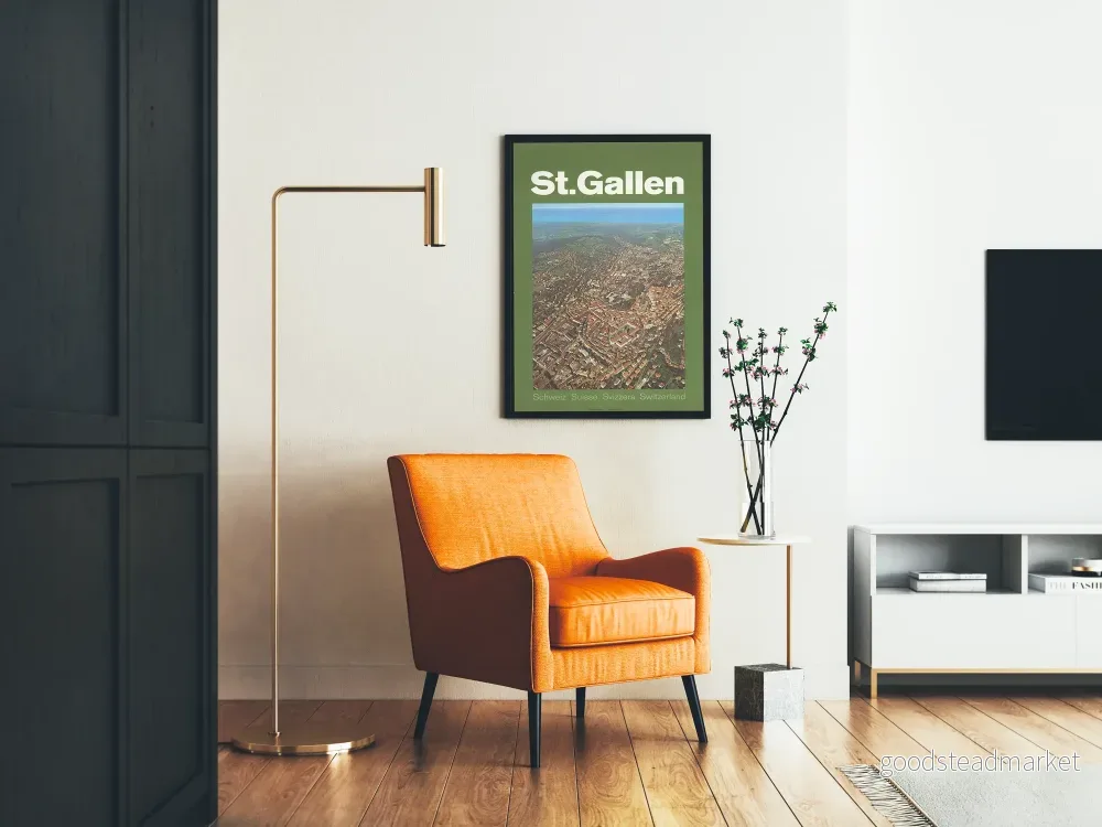 Vintageaffisch St. Gallen Schweiz - Stadsvy från luften och omgivande landsbygd - Bild 2