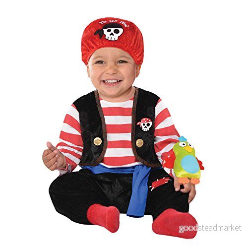 amscan 845922 55 baby piratdräkt med rött kardborreband bandana och papegoja leksak ålder 6 12 månader 1 st, flerfärgad 809801762755