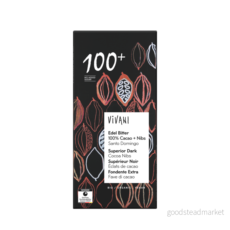 Vivani Överlägsen mörk 100 % kakao + spetsar 80 g (paket med 10) 4044889004106