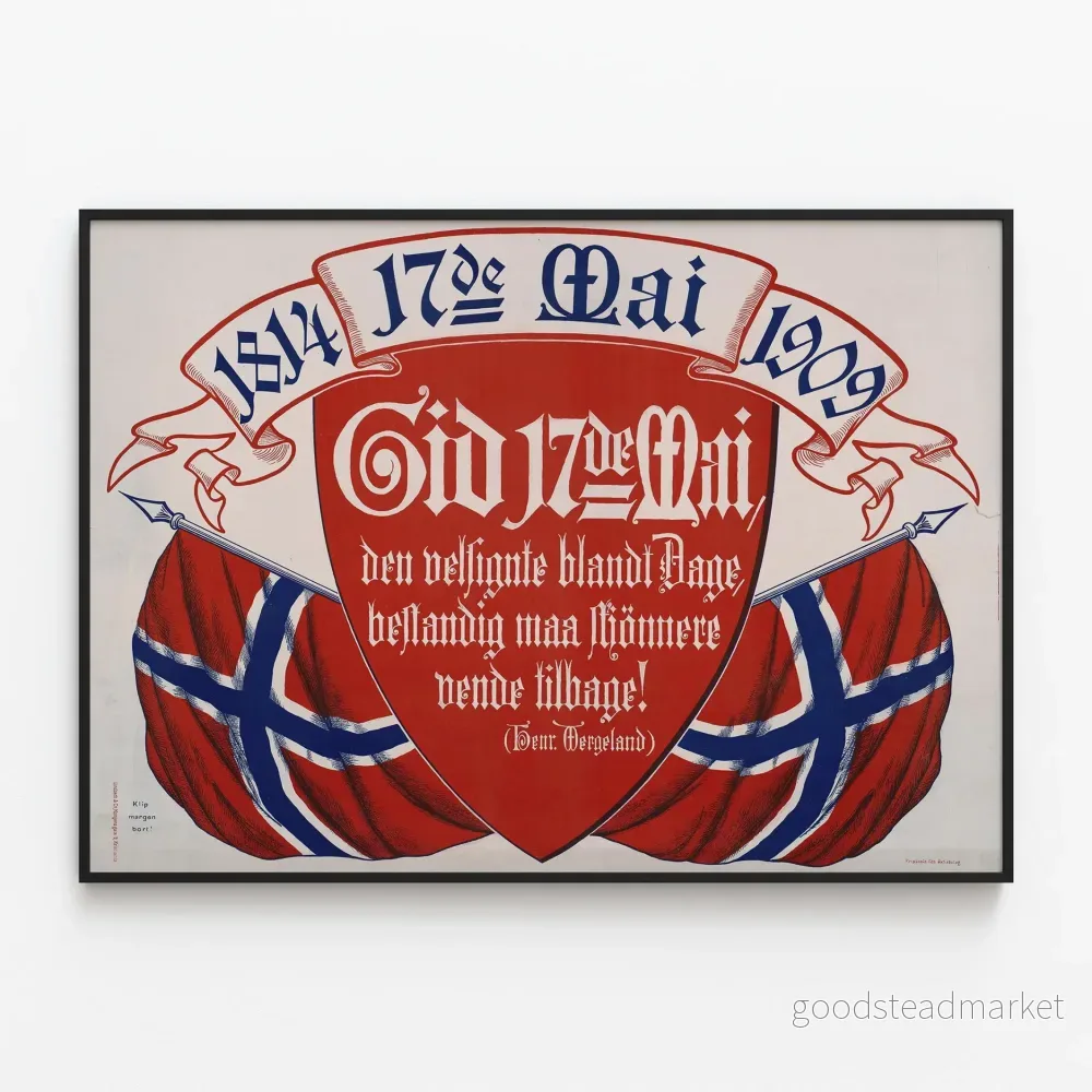 Vintageposter 17 maj Norge 1909 med vapen och flaggor