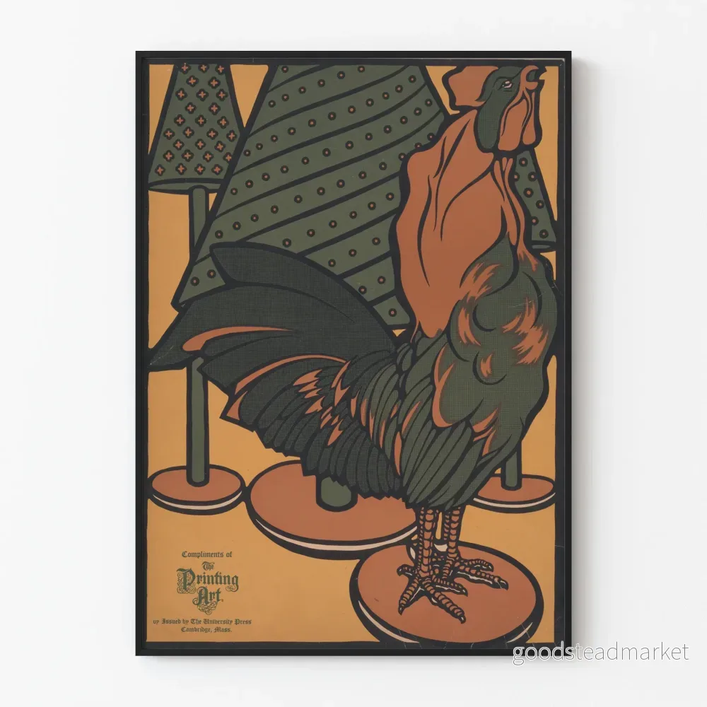Dekorativ poster med tupp och granar i vintage grafisk stil Dekorativ poster med tupp och granar i vintage grafisk stil