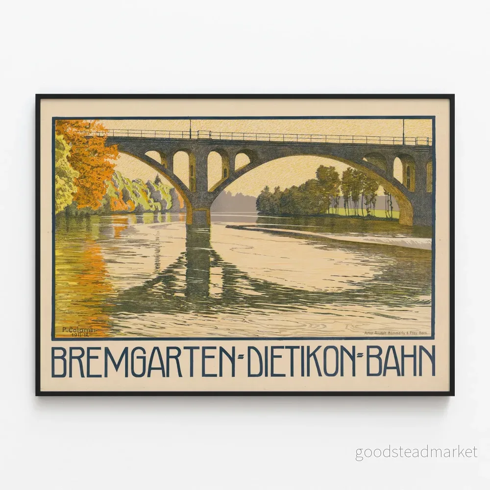 Vintageaffisch av Pont Bremgarten-Dietikon-Bahn vid floden