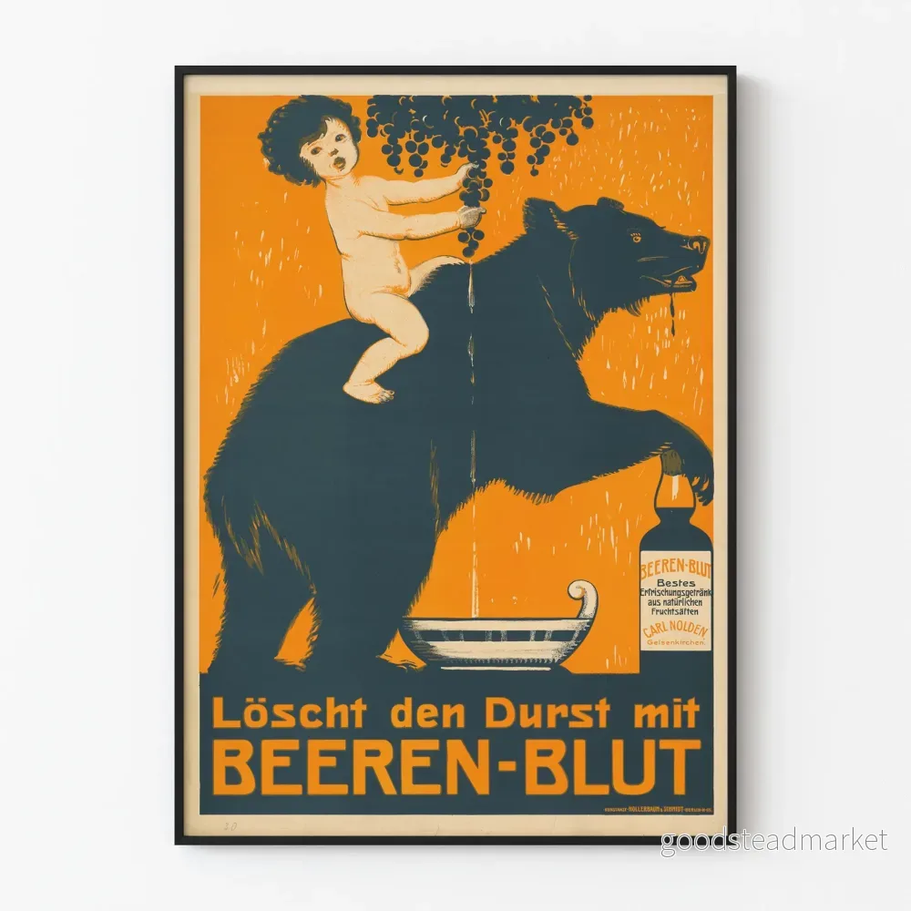 Vintageposter med nalle och barn - Beeren-Blut Naturliga Dryck