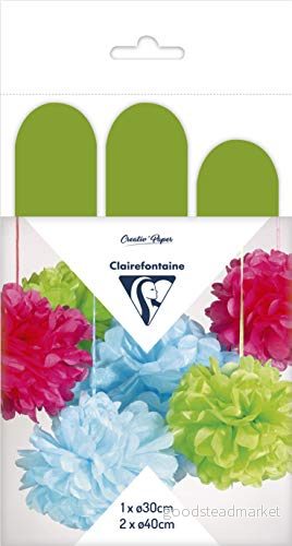 Clairefontaine 395419C set med 3 pompons sidenpapper, Ø 30 cm x 1 + 40 2, perfekt för dekoration och pysselprojekt, set, äppelgrön 3329683954194