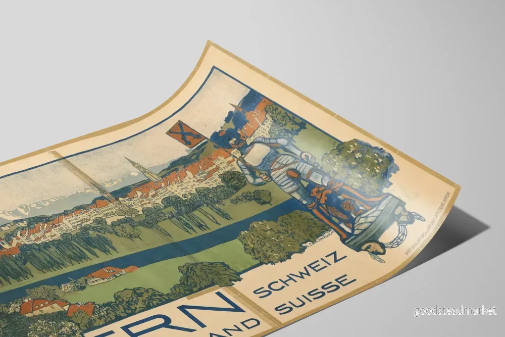 Vintageposter Bern Schweiz med panorama och figur i rustning - Bild 2