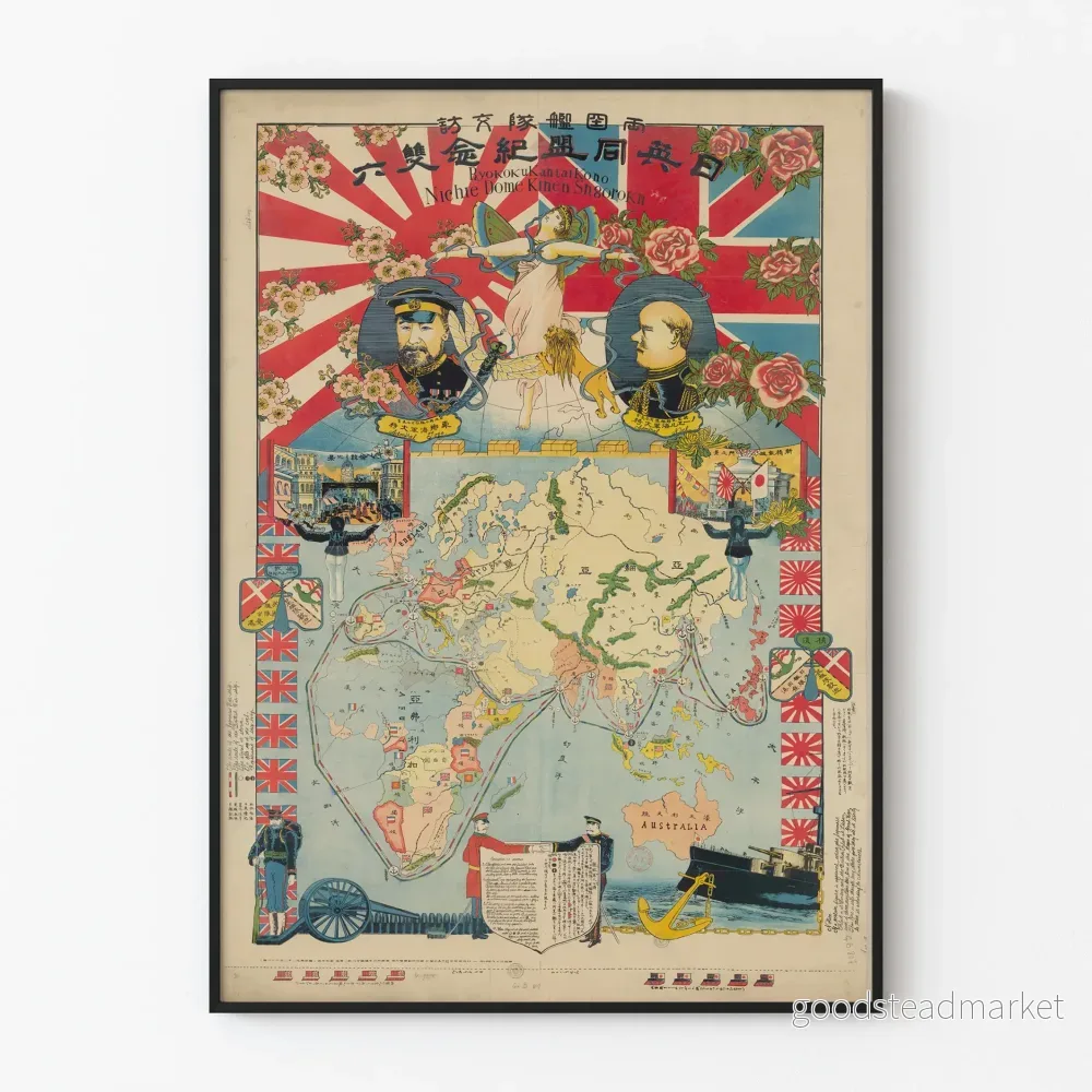 Antik allegorisk världskarta poster Japan-UK allians till sjöss
