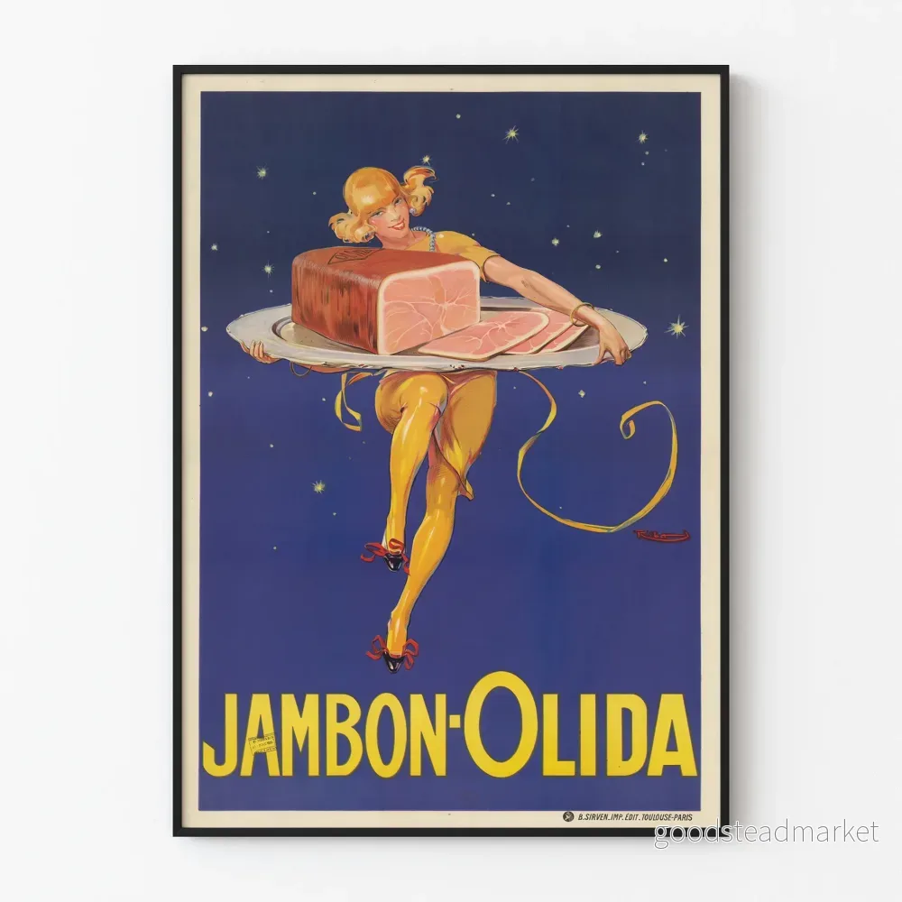 Vintageposter Jambon Olida Kvinna och Jambonbit