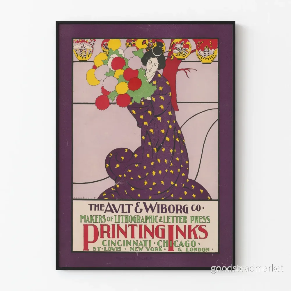 Vintage dekorativ poster Art Nouveau kvinna med bukett