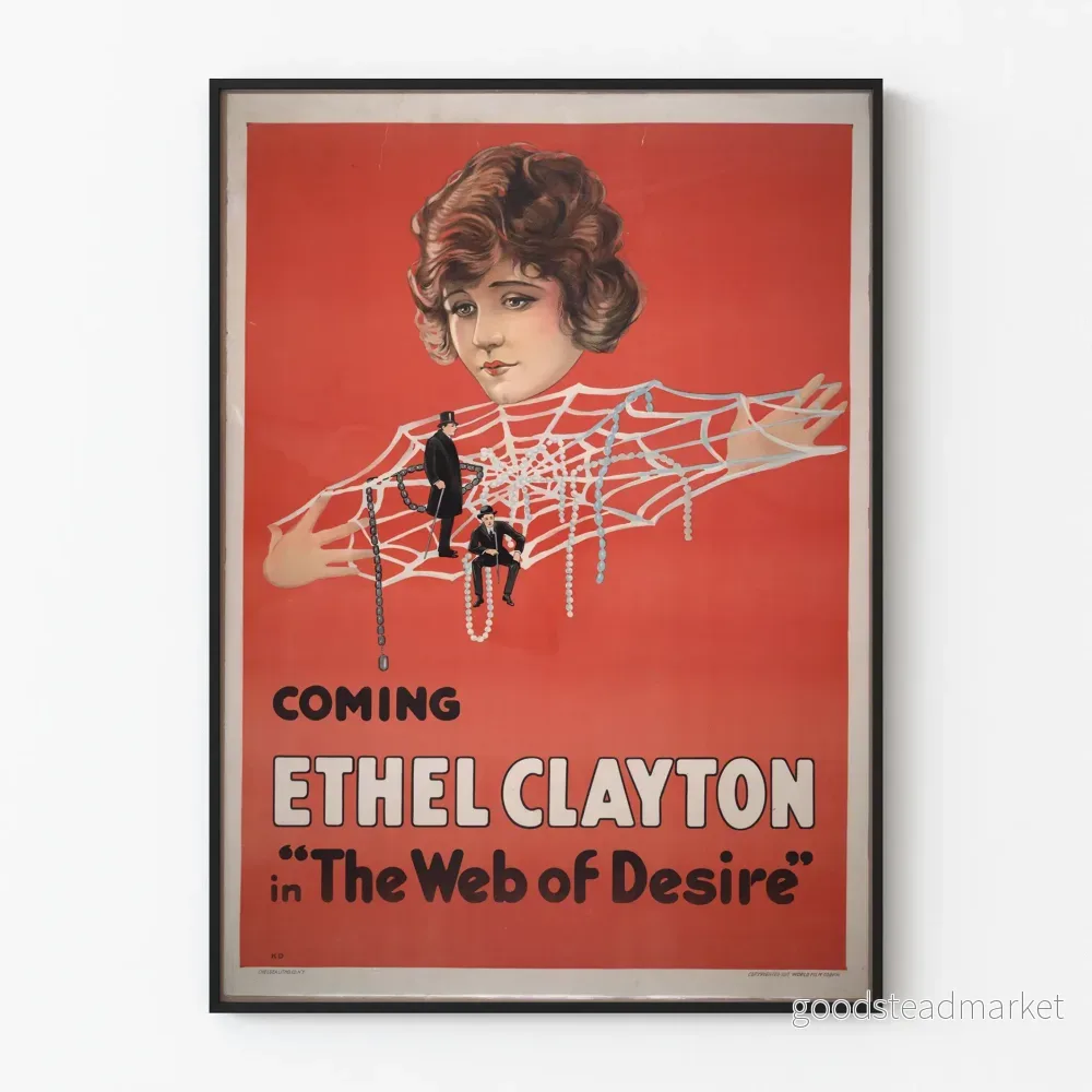 Vintageposter The Web of Desire med kvinnoporträtt och spindelnät