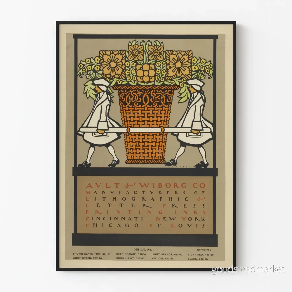 Vintageposter Ault & Wiborg Co. färgglatt bukett och stiliserade figurer