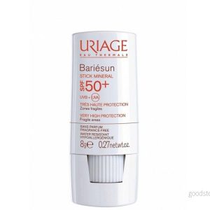 Uriage Bariésun Mineral Stick SPF50+ 8 g skyddar känslig hud mot UVA/UVB strålar vattentät 100 % mineralsolskyddskomplex sheasmör, vitamin C & E lätt att använda. 3661434001833 Uriage Bariésun Mineral Stick SPF50+ 8 g skyddar känslig hud mot UVA/UVB strålar vattentät 100 % mineralsolskyddskomplex sheasmör, vitamin C & E lätt att använda. 3661434001833
