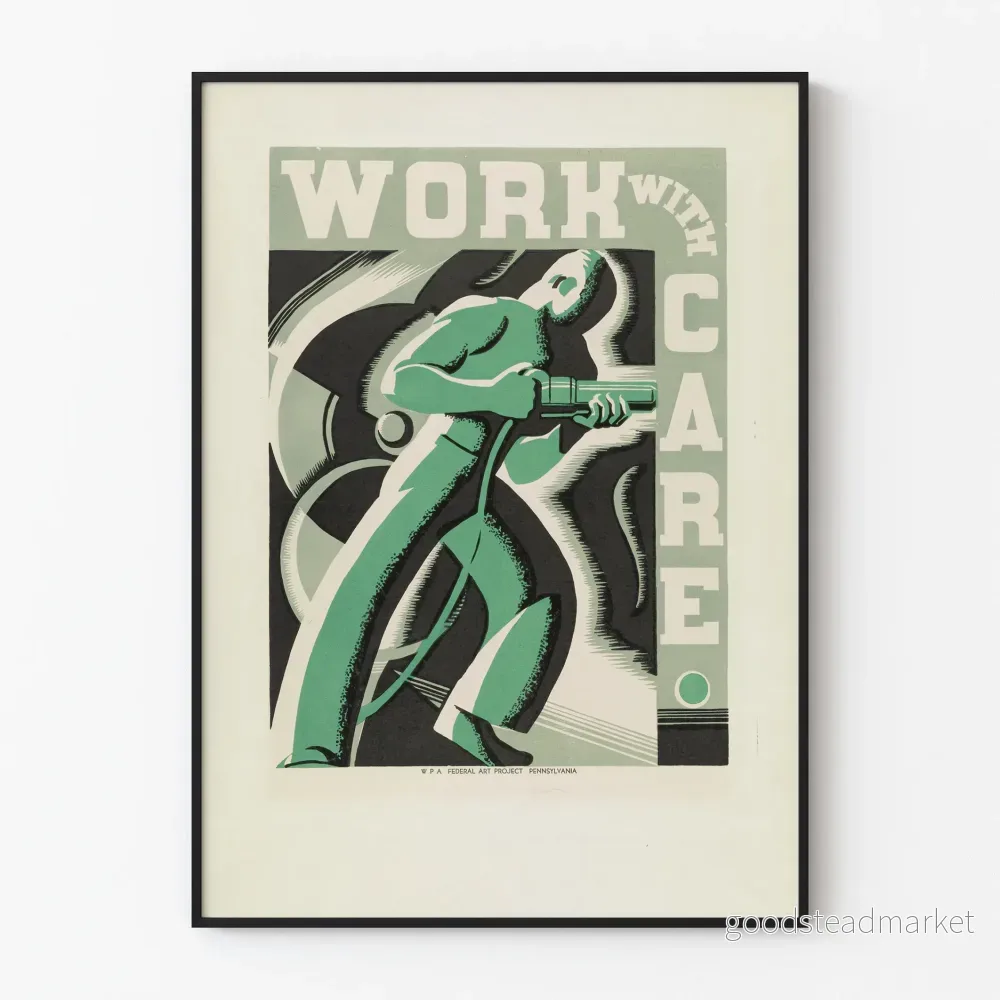 Vintageposter Work With Care för industriell väggdekoration Vintageposter Work With Care för industriell väggdekoration