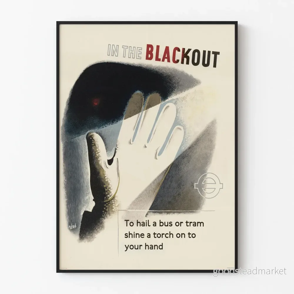 Vintage poster i svartvitt « In The Blackout » som visar buss eller spårvagn